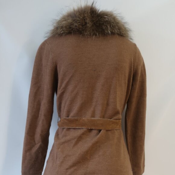 Womens Minnie Rose Brown Merino Wool Blend Racoon Fur Collar Cardigan Sweater M - Picture 8 of 13
